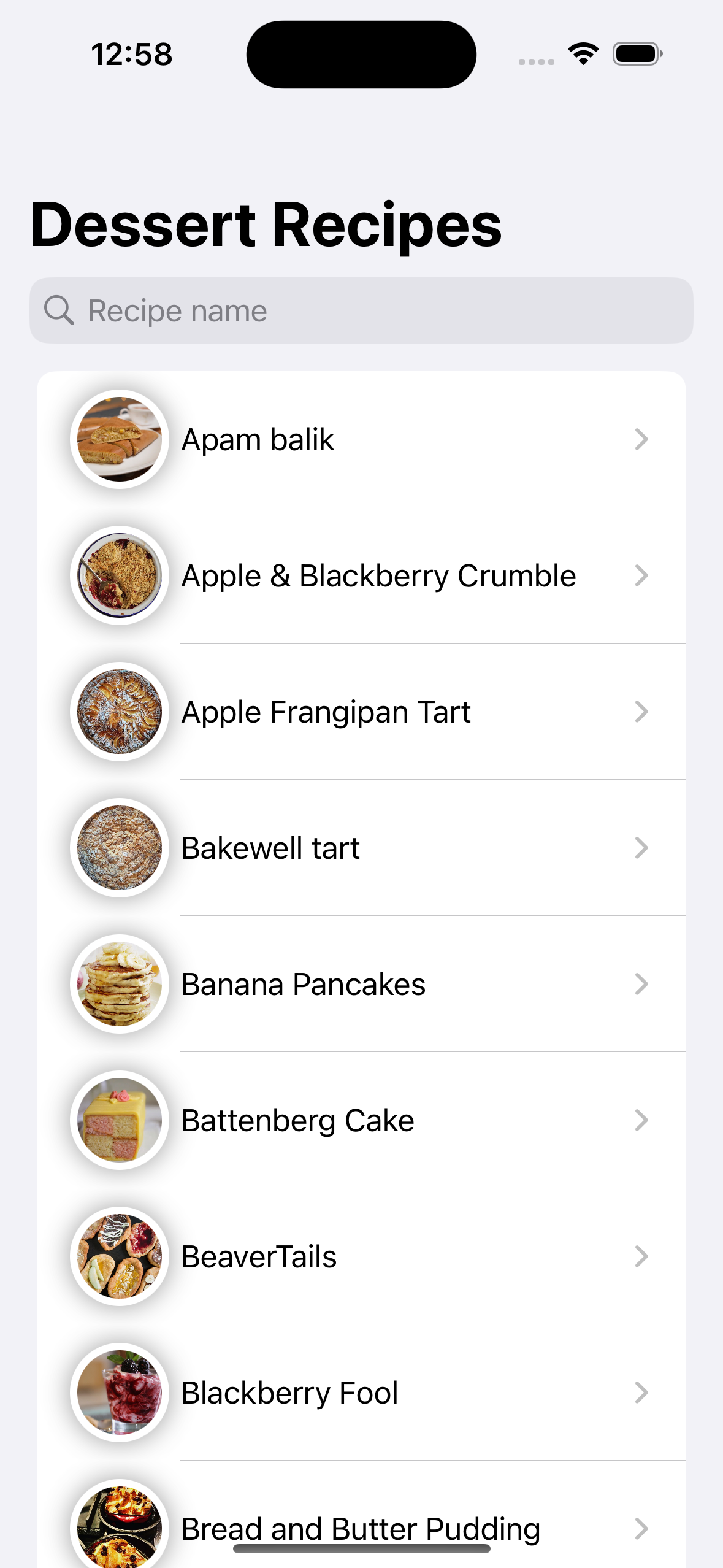 screenshot of the app showing a list of dessert recipes